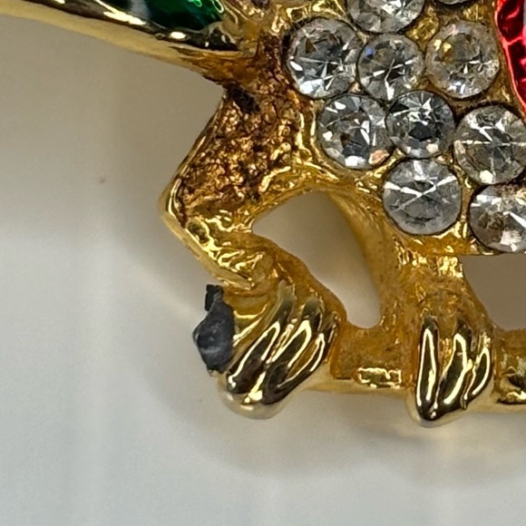 Vintage Bird on Branch Brooch Enamel Green Red Gold Tone Rhinestone Signed - Picture 10 of 10